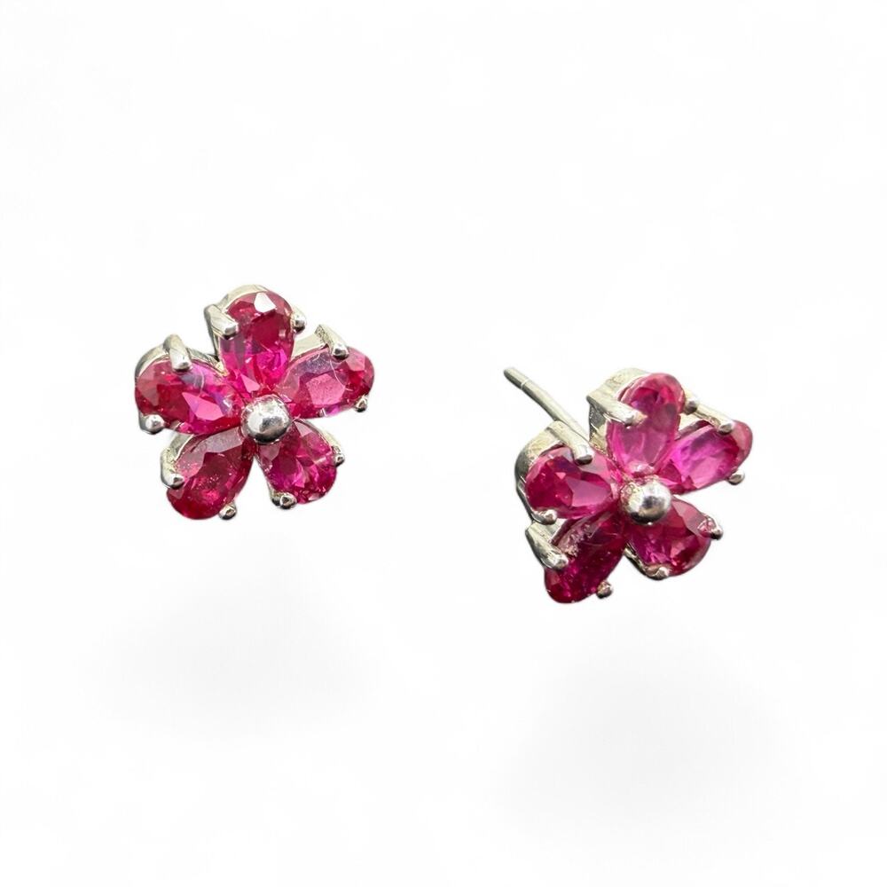 Created Ruby Flower Stud Earrings 925 Sterling Silver July Birthstone Daisy - Picture 3 of 7